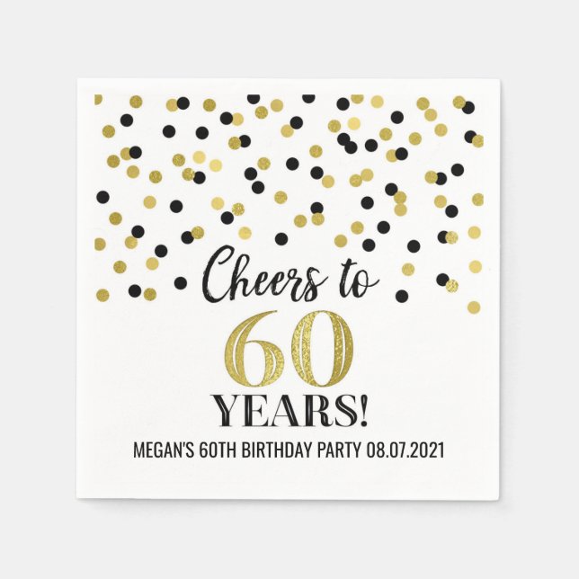 Serviette En Papier Gold Black Confetti encourage à 60 ans anniversair (Devant)