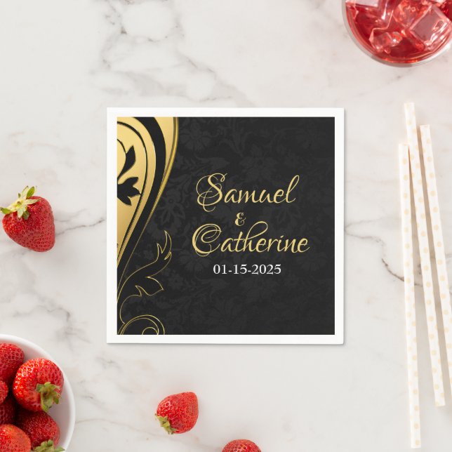 Serviette En Papier Gold Black Elegant Mariage Anniversaire Personnali (En situation)