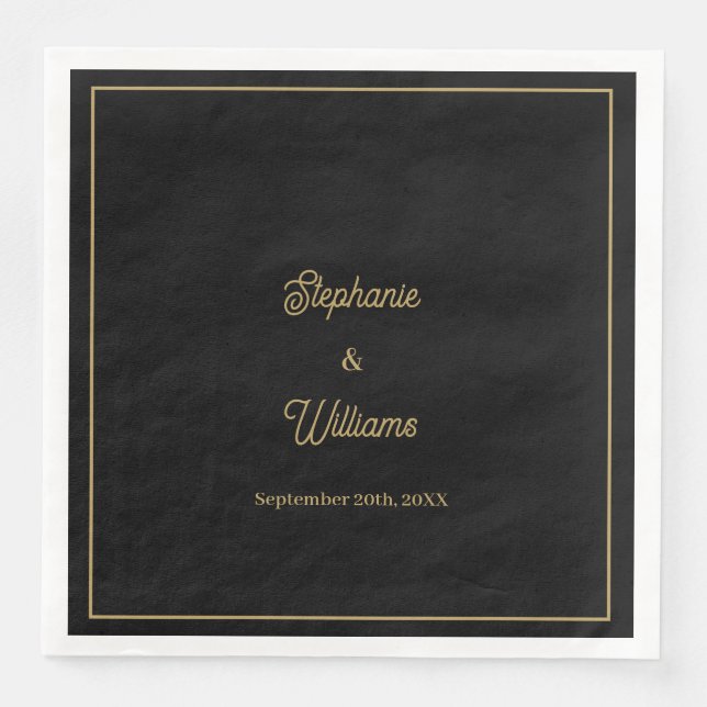 Serviette En Papier Gold Black Nom élégant Simple Minimal Mariage (Devant)