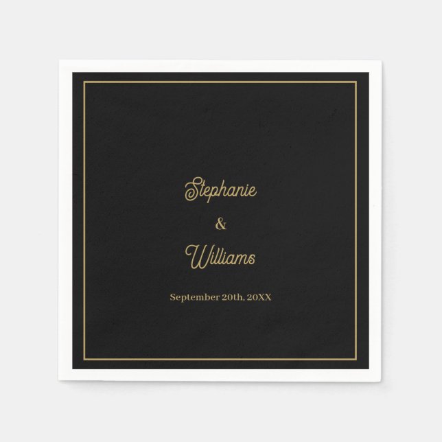 Serviette En Papier Gold Black Nom élégant Simple Minimal Mariage (Devant)