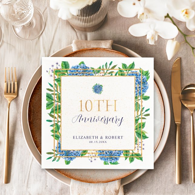 Serviette En Papier Gold Blue Hydrangea 10e anniversaire de Mariage (Créateur téléchargé)