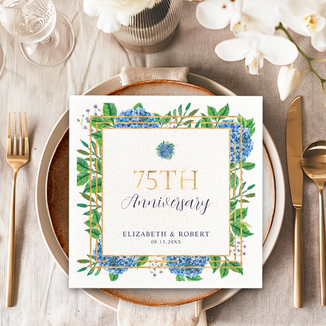 Serviette En Papier Gold Blue Hydrangea 75e anniversaire Mariage (Créateur téléchargé)