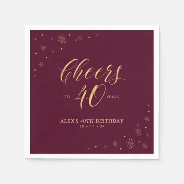 Serviette En Papier Gold & Burgundy Modern Cheers 40e fête d'anniversa (Devant)