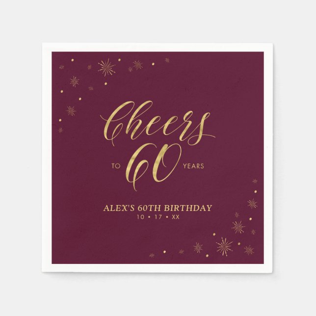 Serviette En Papier Gold & Burgundy Modern Cheers 60e fête d'anniversa (Devant)
