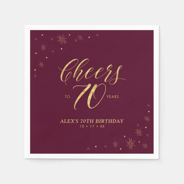 Serviette En Papier Gold & Burgundy Modern Cheers 70e fête d'anniversa (Devant)