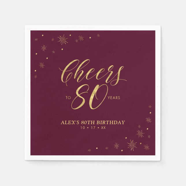 Serviette En Papier Gold & Burgundy Modern Cheers 80e fête d'anniversa (Devant)