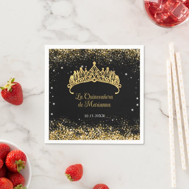 Serviette En Papier Gold Confetti Quinceanera Tiara (En situation)
