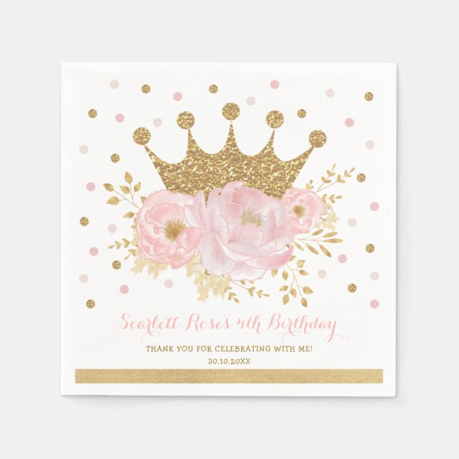 Serviette En Papier Gold Crown Blush rose Floral Princess Anniversaire (Devant)