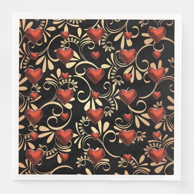 Serviette En Papier Gold et Black 3 D Coeurs rouges (Devant)