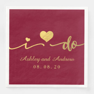 Serviette En Papier Gold et BUrgundy I Do Mariage