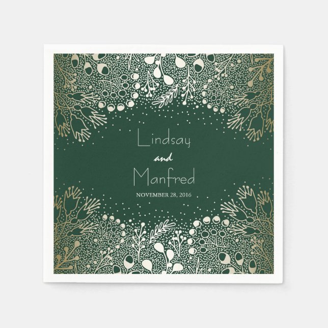 Serviette En Papier Gold et Emerald Green Jardin Floral Mariage (Devant)
