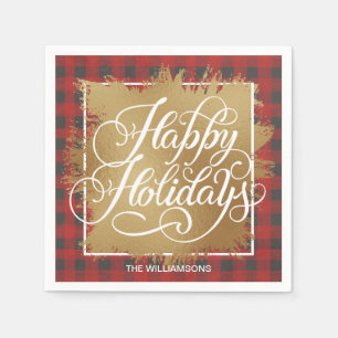 Serviette En Papier Gold Faux Foil Happy Holidays Buffalo Plaid