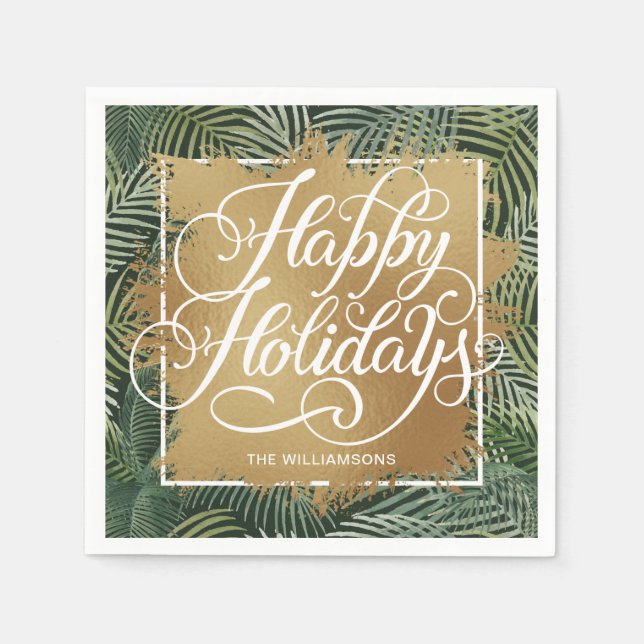 Serviette En Papier Gold Faux Foil Happy Holidays Palm Fronds (Devant)