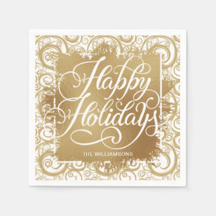 Serviette En Papier Gold Faux Foil Joyeuses vacances sur les tourbillo