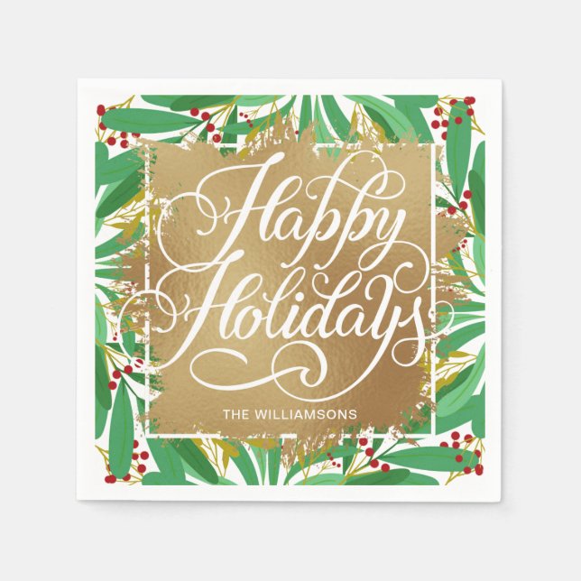 Serviette En Papier Gold Faux Foil Joyeuses Vacances Vertes Berries (Devant)