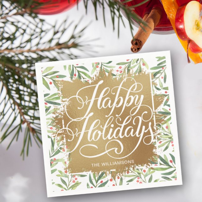 Serviette En Papier Gold Faux Foil Joyeuses Vacances Vertes Berries (Personalized Happy Holidays on gold faux foil with branch and berries border napkins)