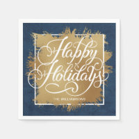 Gold Faux Foil Joyeux Vacances Denim Blue