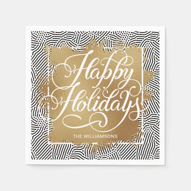 Serviette En Papier Gold Faux Foil Joyeux Vacances Moderne Noir (Devant)
