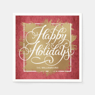 Serviette En Papier Gold Faux Foil Joyeux Vacances Motif rouge