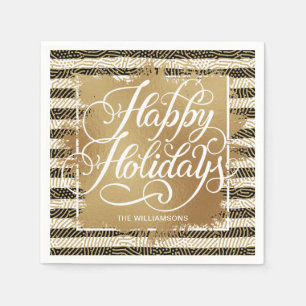 Serviette En Papier Gold Faux Foil Joyeux Vacances Noir Blanc Stripes