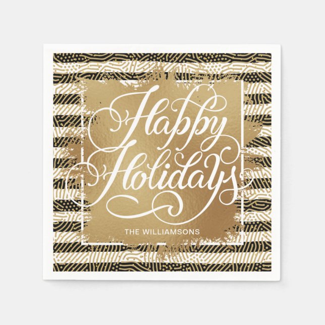 Serviette En Papier Gold Faux Foil Joyeux Vacances Noir Blanc Stripes (Devant)