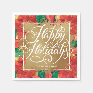 Serviette En Papier Gold Faux Foil Joyeux Vacances Poinsettia