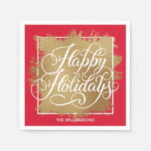 Serviette En Papier Gold Faux Foil Joyeux Vacances Rouge