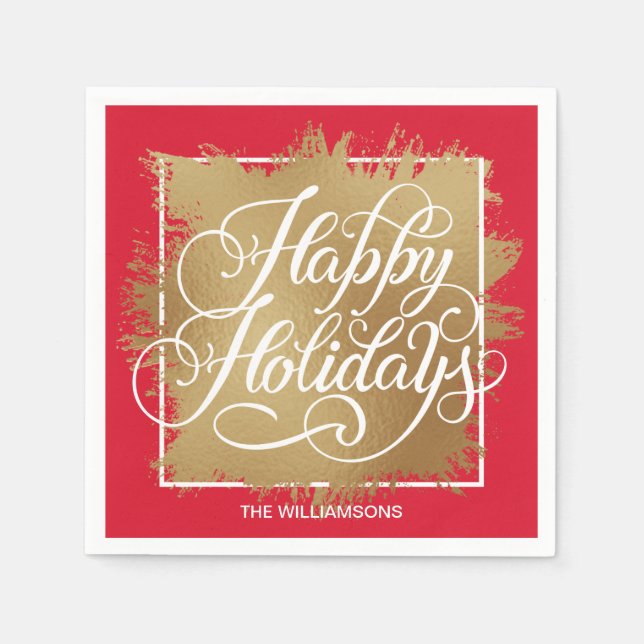 Serviette En Papier Gold Faux Foil Joyeux Vacances Rouge (Devant)