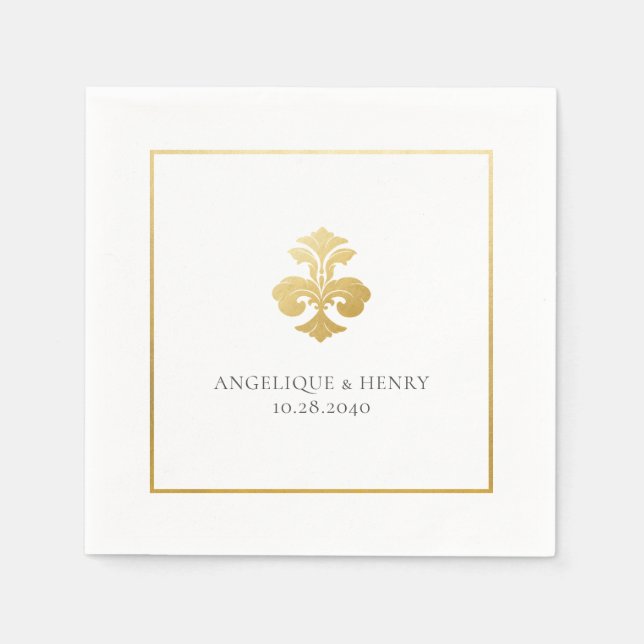 Serviette En Papier Gold Fleur de Lis Damask Mariage personnalisé (Devant)