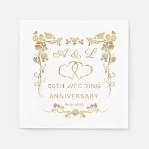 Serviette En Papier Gold Floral, a rejoint les coeurs 50 Anniversaire 