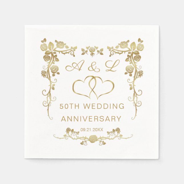 Serviette En Papier Gold Floral, a rejoint les coeurs 50 Anniversaire  (Devant)