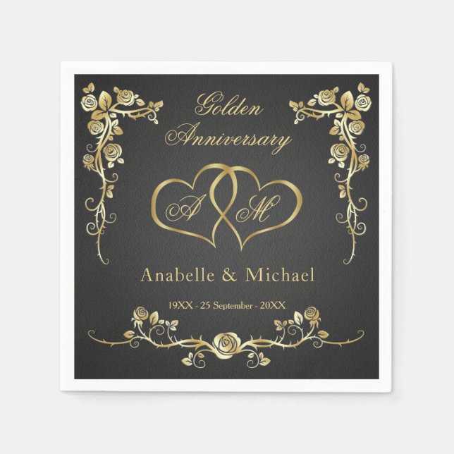 Serviette En Papier Gold Floral Hearts 50e anniversaire de Mariage (Devant)
