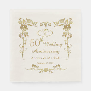 Serviette En Papier Gold Floral Hearts 50e anniversaire de Mariage
