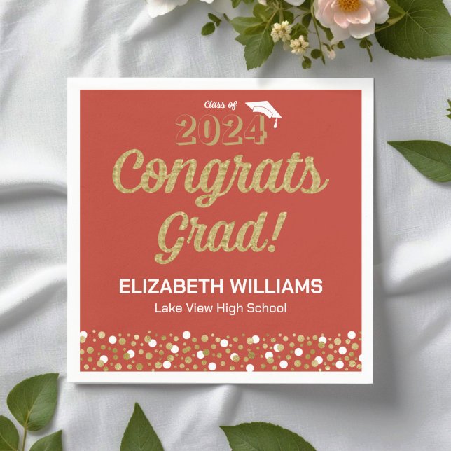 Serviette En Papier Gold Foil Script Confetti Congrats Grad Red (Créateur téléchargé)