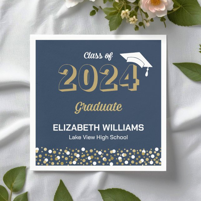 Serviette En Papier Gold Foil Script Confetti Graduation Party Blue (Créateur téléchargé)