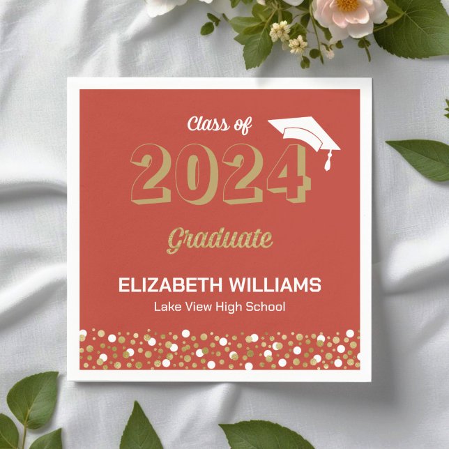 Serviette En Papier Gold Foil Script Confetti Graduation Party Rouge (Créateur téléchargé)