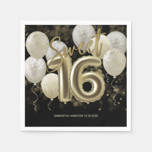 Serviette En Papier Gold Foil Sweet 16 Anniversaire Ballons Party Noir
