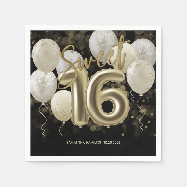 Serviette En Papier Gold Foil Sweet 16 Anniversaire Ballons Party Noir (Devant)
