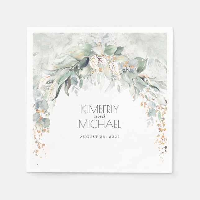 Serviette En Papier Gold Green et Eucalyptus Feuille Mariage (Devant)