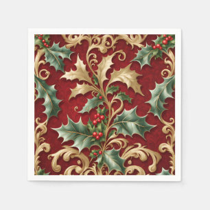 Serviette En Papier Gold Green Feuilles Red Christmas Holiday Napkin