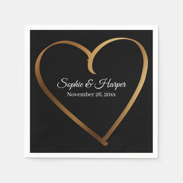 Serviette En Papier Gold Heart Around Details, sur Black (Devant)