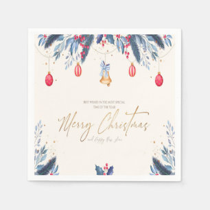 Serviette En Papier Gold Joyeux Noël Calligraphie Marine Bleu Rouge