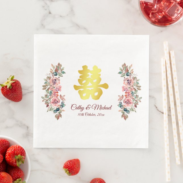 Serviette En Papier Gold mariage chinois double bonheur fleuri Classe (En situation)