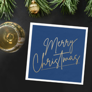 Serviette En Papier Gold Merry Christmas on Blue Napkins
