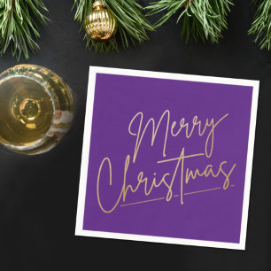 Serviette En Papier Gold Merry Christmas on Purple Napkins