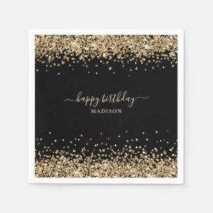 Serviette En Papier Gold Parties scintillant Nom Black Happy Birthday