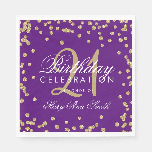 Serviette En Papier Gold Purple 21e anniversaire Faux Parties scintill (Devant)
