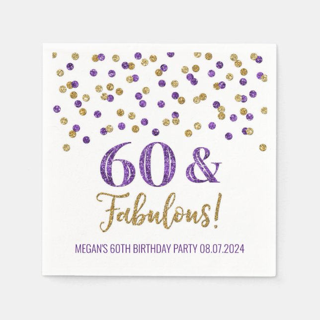 Serviette En Papier Gold Purple Confetti 60 & Fabuleux (Devant)