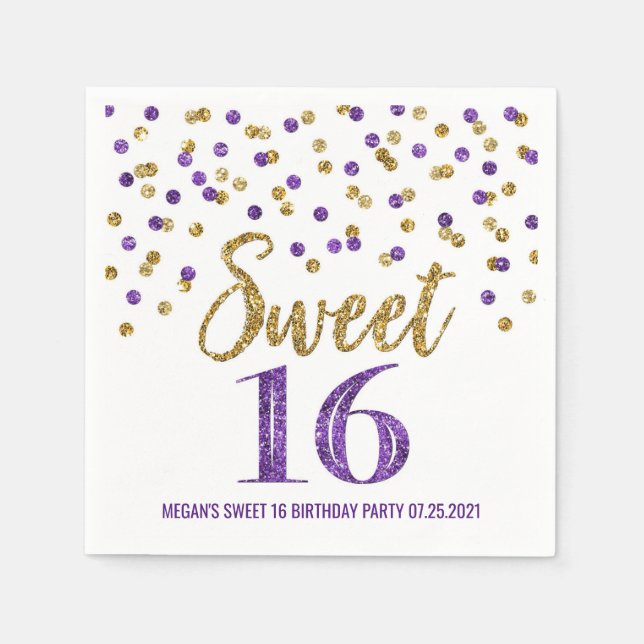 Serviette En Papier Gold Purple Confetti Sweet 16 Anniversaire (Devant)