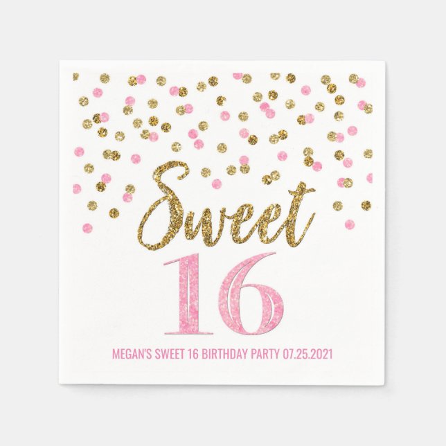 Serviette En Papier Gold Rose Confetti Sweet 16 Anniversaire (Devant)